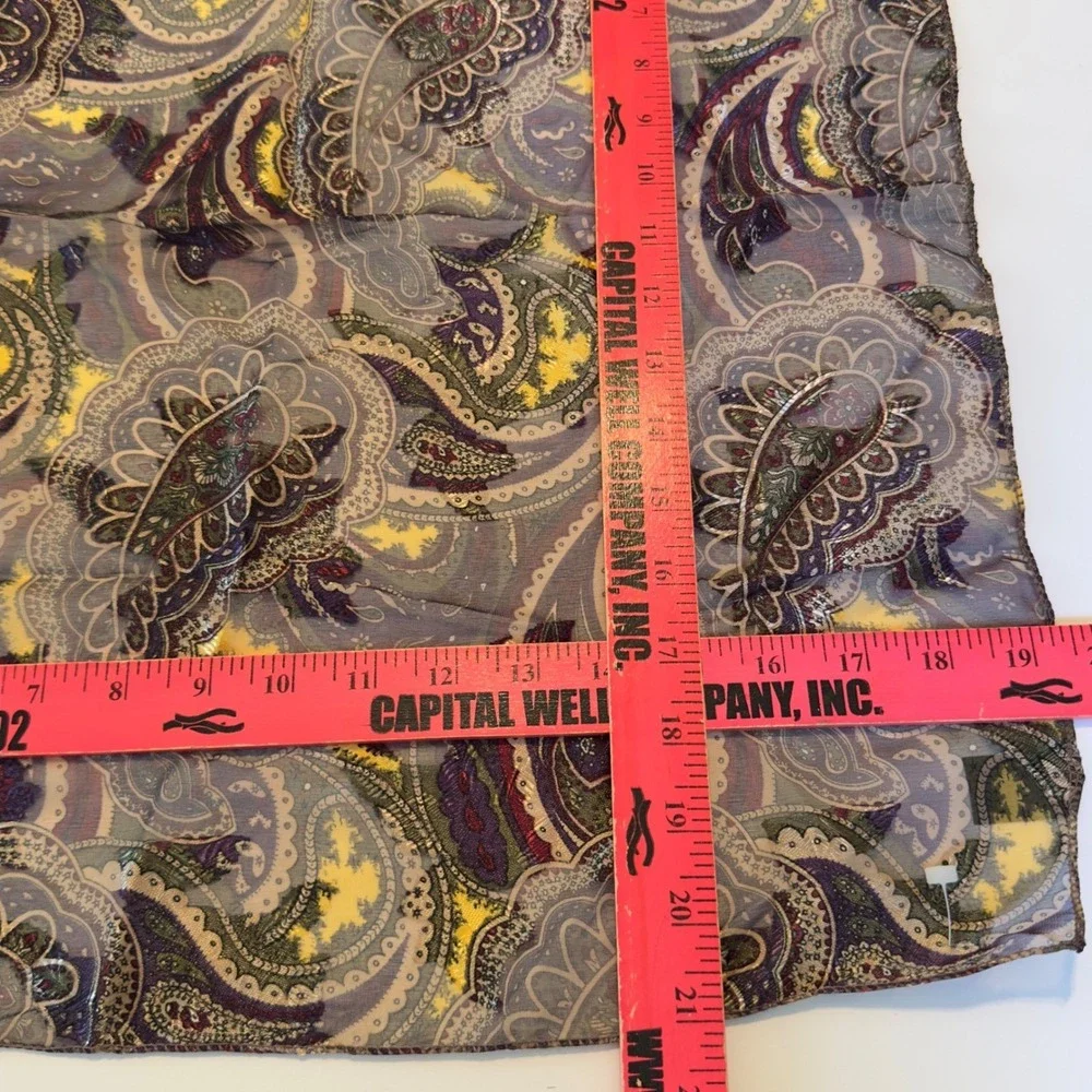 Vintage Paisley Sheer Square Scarf Purple‎ Gold Metallic Silk Feel Neckerchief
